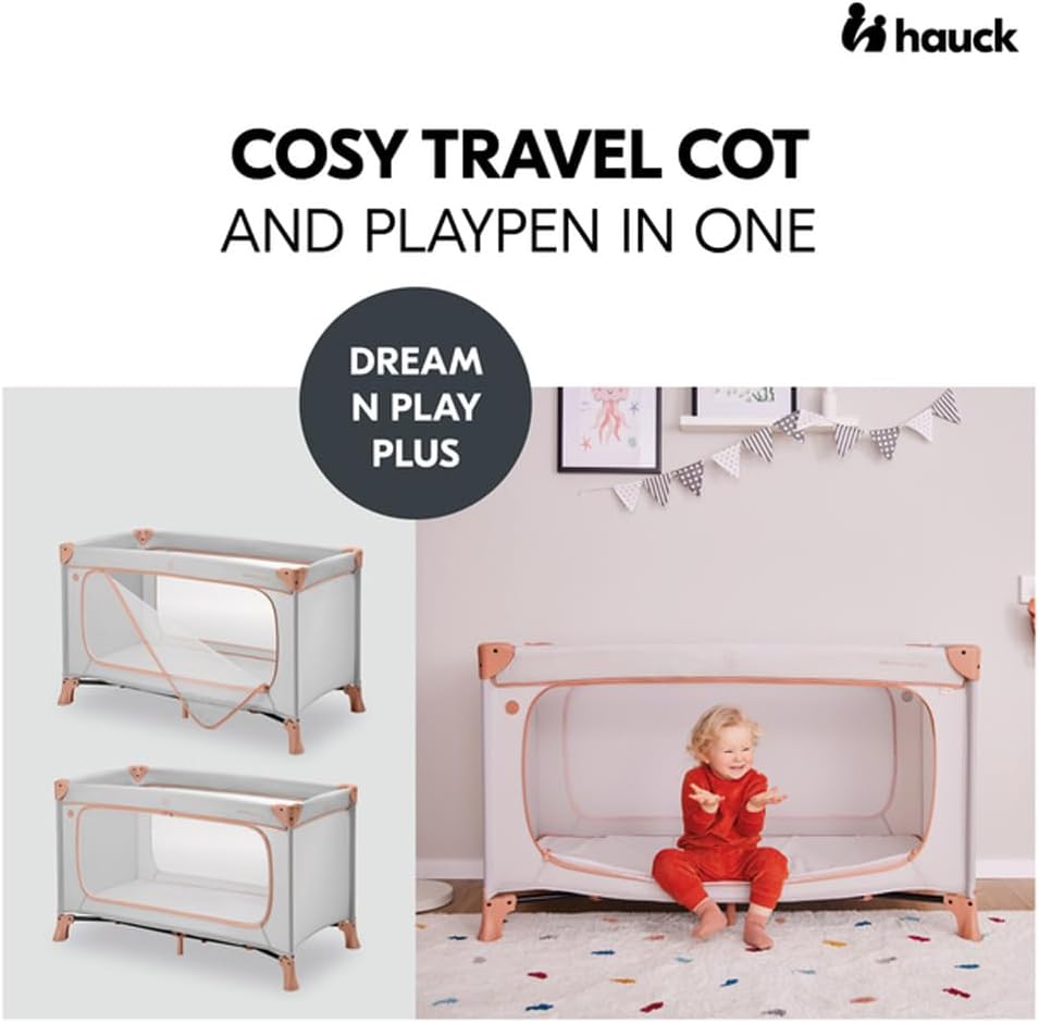 Hauck Dream N Play Plus Travel Cot – Foldable Baby Cot– Dusty Cork