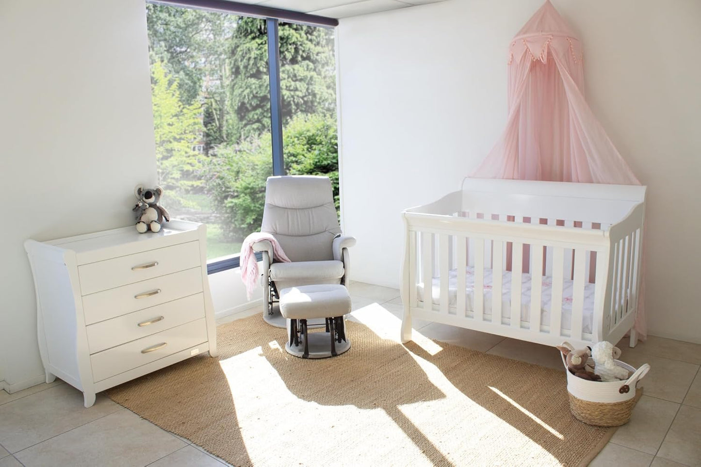 Babyhood Amani Sleigh Cot - White Grows with your child, as the base levels adjust from bassinet, to cot and to toddler bed