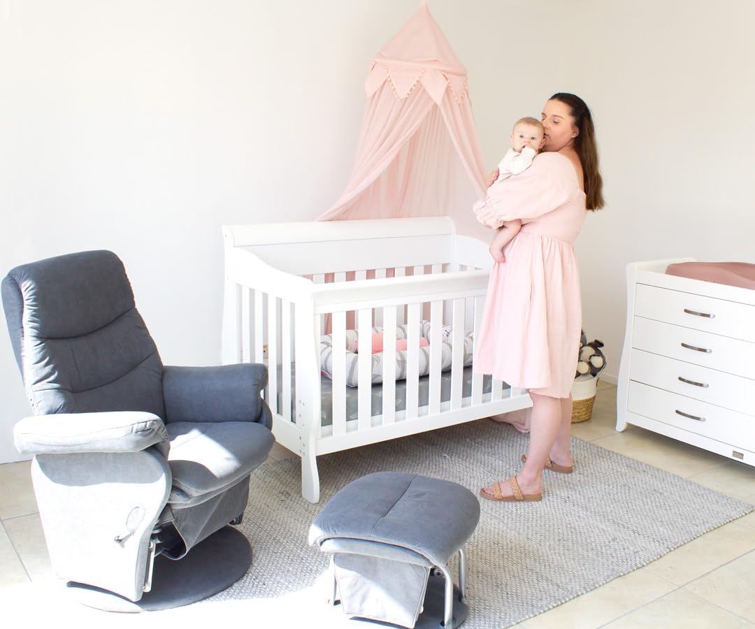 Babyhood Amani Sleigh Cot - White Grows with your child, as the base levels adjust from bassinet, to cot and to toddler bed