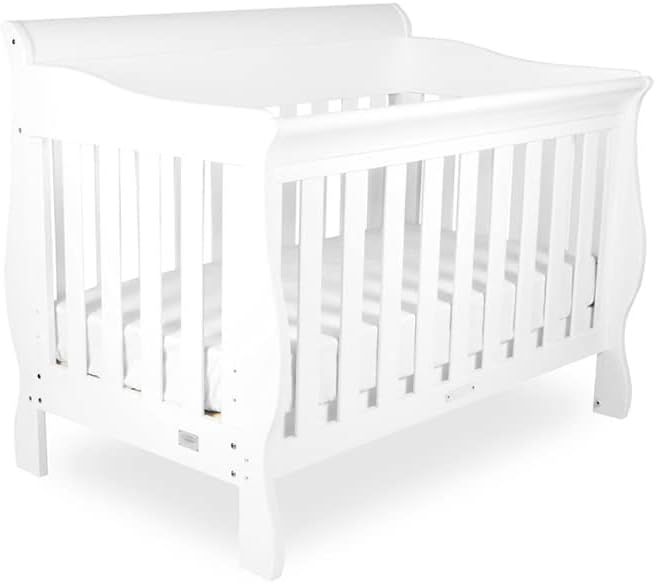 Babyhood Amani Sleigh Cot - White Grows with your child, as the base levels adjust from bassinet, to cot and to toddler bed