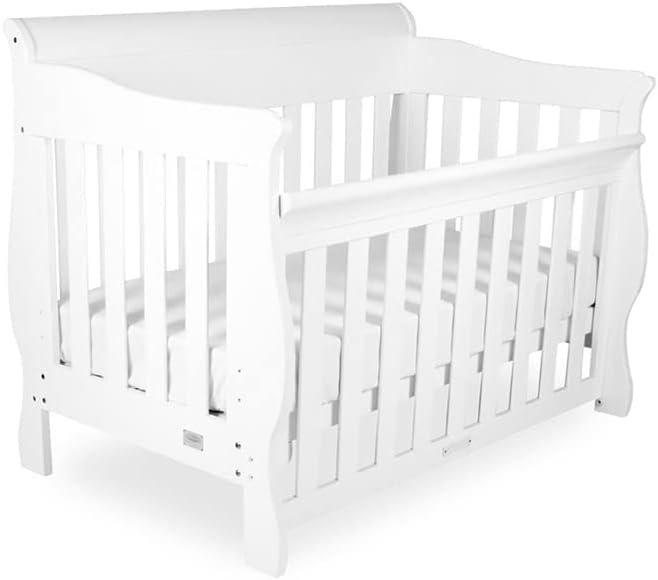 Babyhood Amani Sleigh Cot - White Grows with your child, as the base levels adjust from bassinet, to cot and to toddler bed