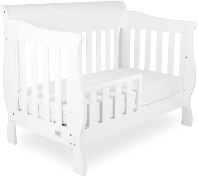 Babyhood Amani Sleigh Cot - White Grows with your child, as the base levels adjust from bassinet, to cot and to toddler bed
