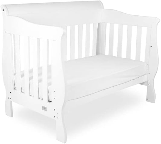 Babyhood Amani Sleigh Cot - White Grows with your child, as the base levels adjust from bassinet, to cot and to toddler bed